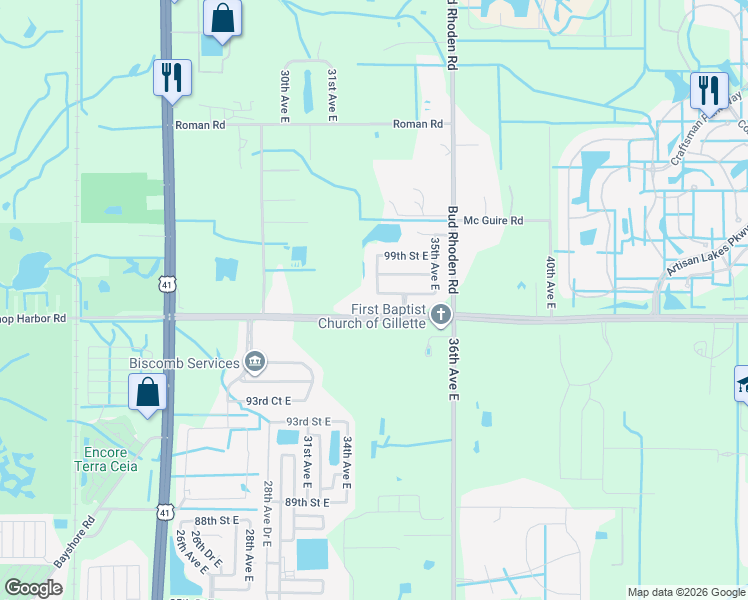 map of restaurants, bars, coffee shops, grocery stores, and more near 9827 33rd Avenue East in Palmetto