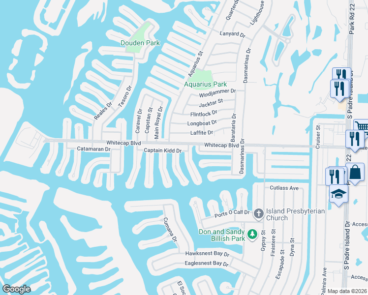 map of restaurants, bars, coffee shops, grocery stores, and more near 15322 Yardarm Court in Corpus Christi