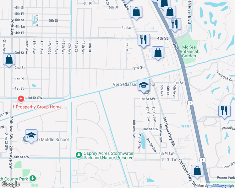 map of restaurants, bars, coffee shops, grocery stores, and more near 950 1st Place in Vero Beach