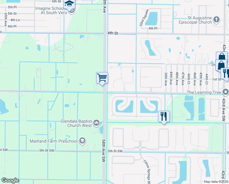 map of restaurants, bars, coffee shops, grocery stores, and more near 5679 West 1st Square Southwest in Vero Beach