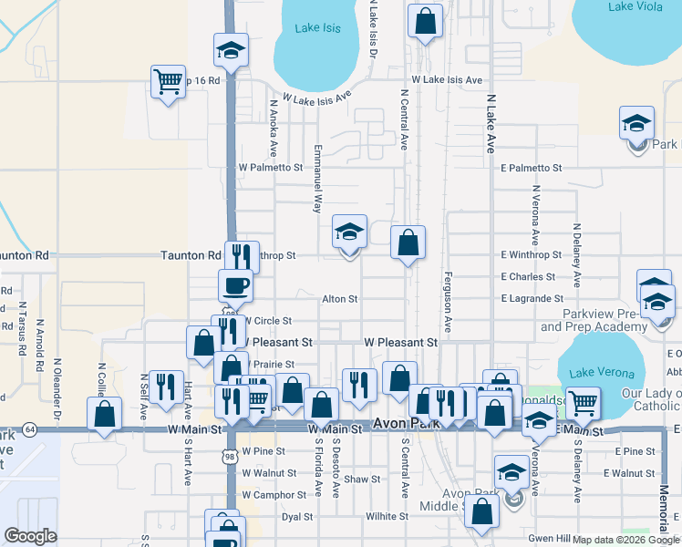 map of restaurants, bars, coffee shops, grocery stores, and more near 700-798 Alton St in Avon Park