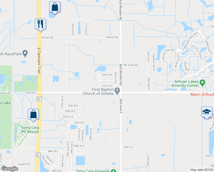 map of restaurants, bars, coffee shops, grocery stores, and more near 3421 97th Lane East in Palmetto
