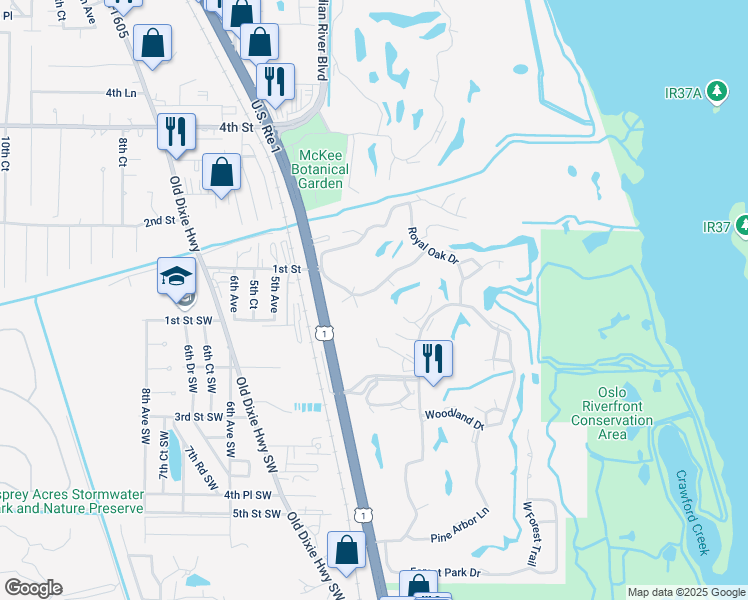 map of restaurants, bars, coffee shops, grocery stores, and more near 85 Crooked Tree Lane in Vero Beach