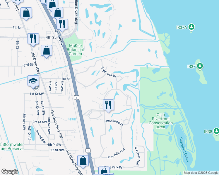 map of restaurants, bars, coffee shops, grocery stores, and more near 66 Woodland Drive in Vero Beach