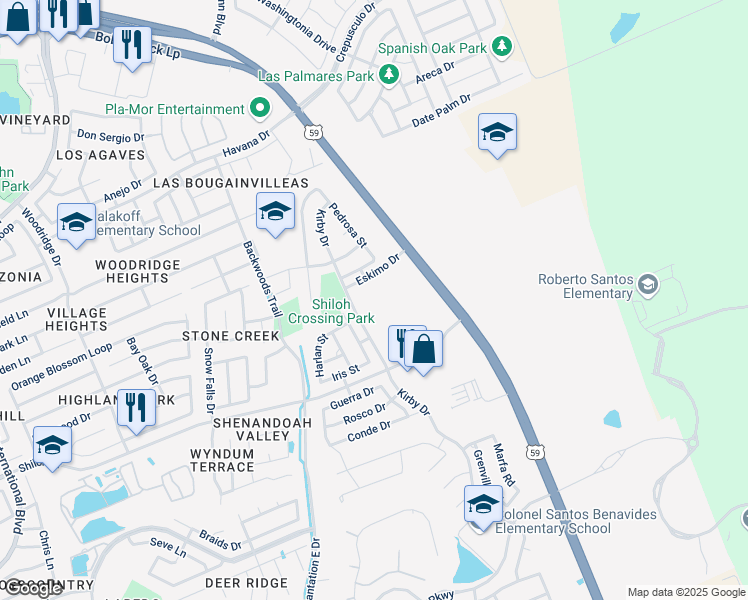 map of restaurants, bars, coffee shops, grocery stores, and more near 11119 Kirby Drive in Laredo