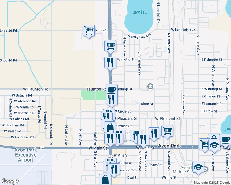 map of restaurants, bars, coffee shops, grocery stores, and more near 701 Maxwell Street in Avon Park
