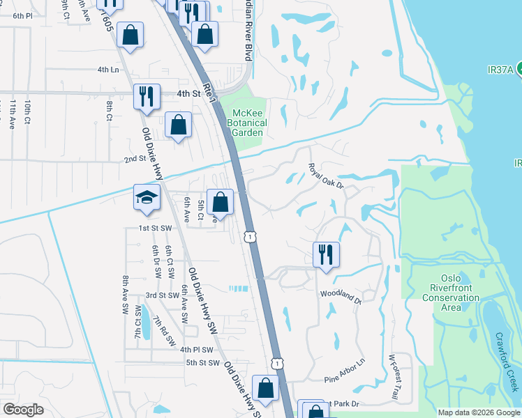 map of restaurants, bars, coffee shops, grocery stores, and more near 91 Crooked Tree Lane in Vero Beach