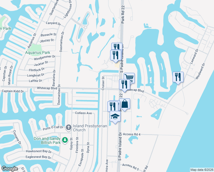 map of restaurants, bars, coffee shops, grocery stores, and more near 15217 South Padre Island Drive in Corpus Christi