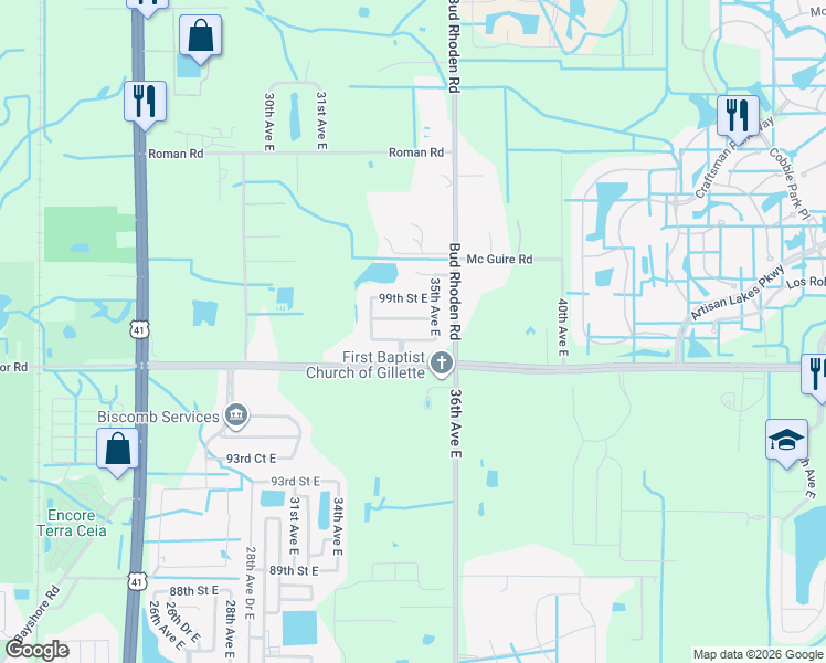 map of restaurants, bars, coffee shops, grocery stores, and more near 3414 97th Lane East in Palmetto