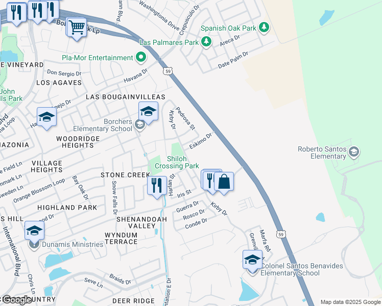 map of restaurants, bars, coffee shops, grocery stores, and more near 3203 Munoz Street in Laredo