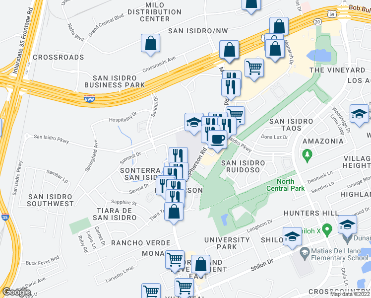 map of restaurants, bars, coffee shops, grocery stores, and more near 1701 San Isidro Parkway in Laredo