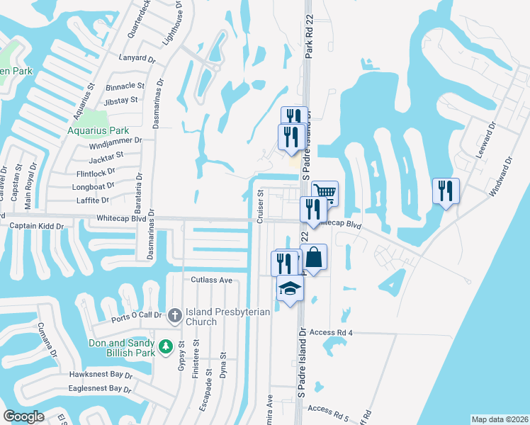 map of restaurants, bars, coffee shops, grocery stores, and more near 15217 South Padre Island Drive in Corpus Christi