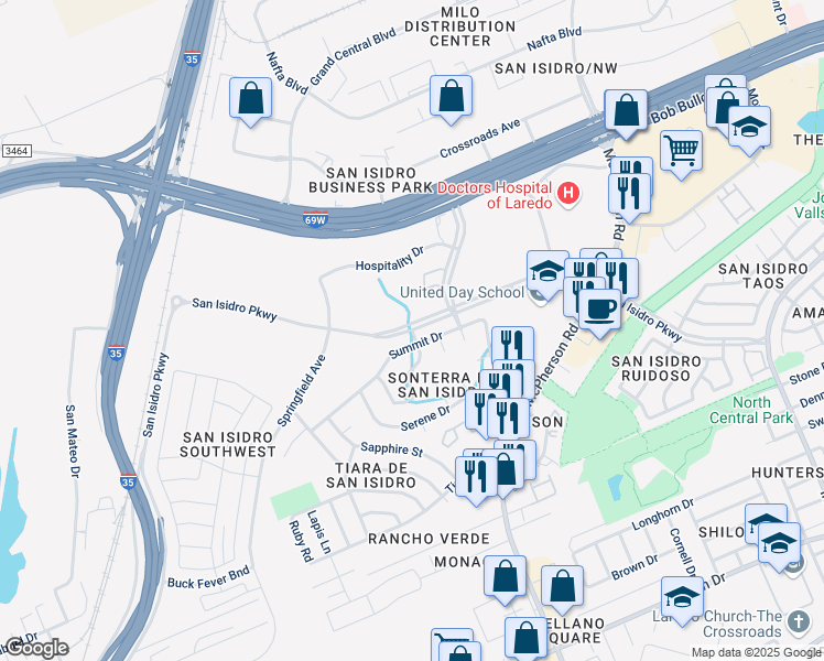 map of restaurants, bars, coffee shops, grocery stores, and more near San Isidro Parkway in Laredo
