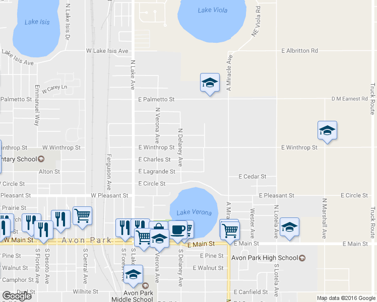 map of restaurants, bars, coffee shops, grocery stores, and more near 204 East Winthrop Street in Avon Park