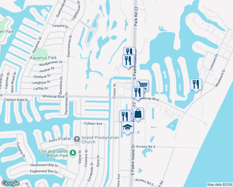map of restaurants, bars, coffee shops, grocery stores, and more near 15217 South Padre Island Drive in Corpus Christi