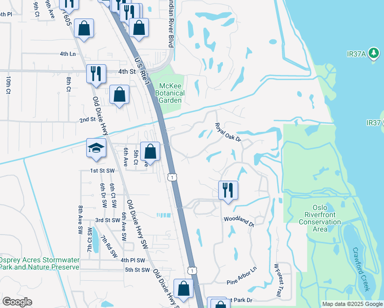 map of restaurants, bars, coffee shops, grocery stores, and more near 91 Crooked Tree Lane in Vero Beach