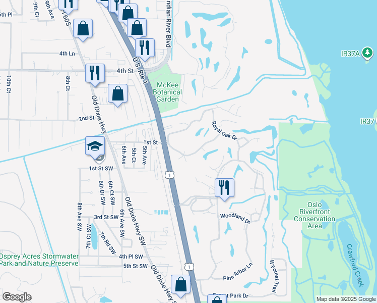 map of restaurants, bars, coffee shops, grocery stores, and more near 88 Crooked Tree Lane in Vero Beach