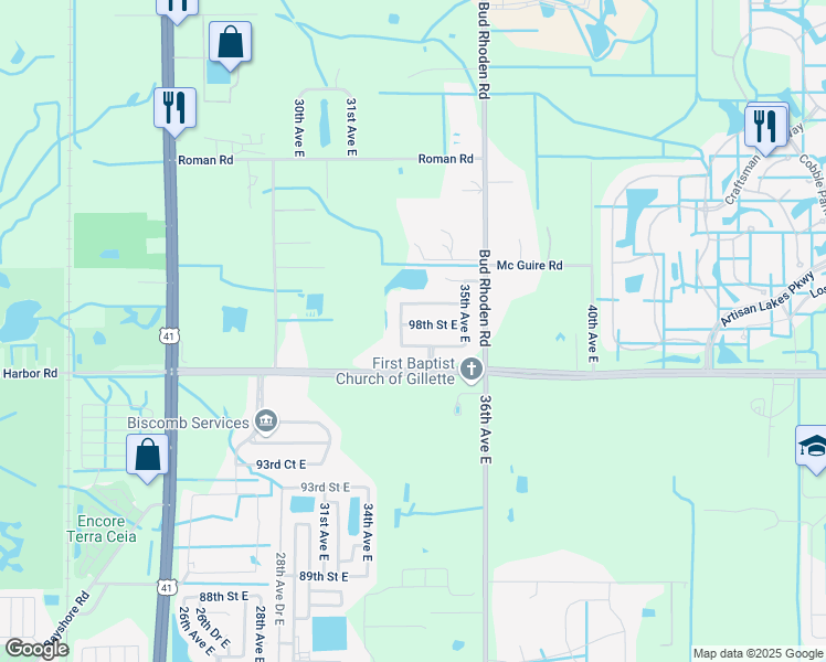 map of restaurants, bars, coffee shops, grocery stores, and more near 3316 98th Street East in Palmetto