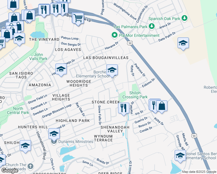 map of restaurants, bars, coffee shops, grocery stores, and more near 2124 Snow Falls Drive in Laredo