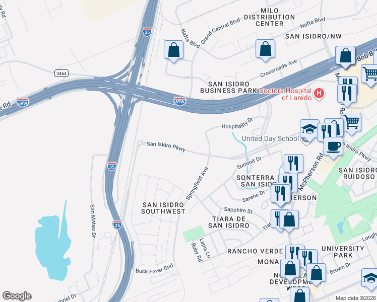 map of restaurants, bars, coffee shops, grocery stores, and more near San Dario Avenue in Laredo