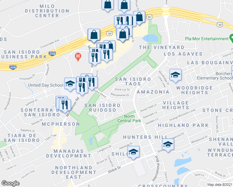 map of restaurants, bars, coffee shops, grocery stores, and more near 2008 Manzanares Drive in Laredo