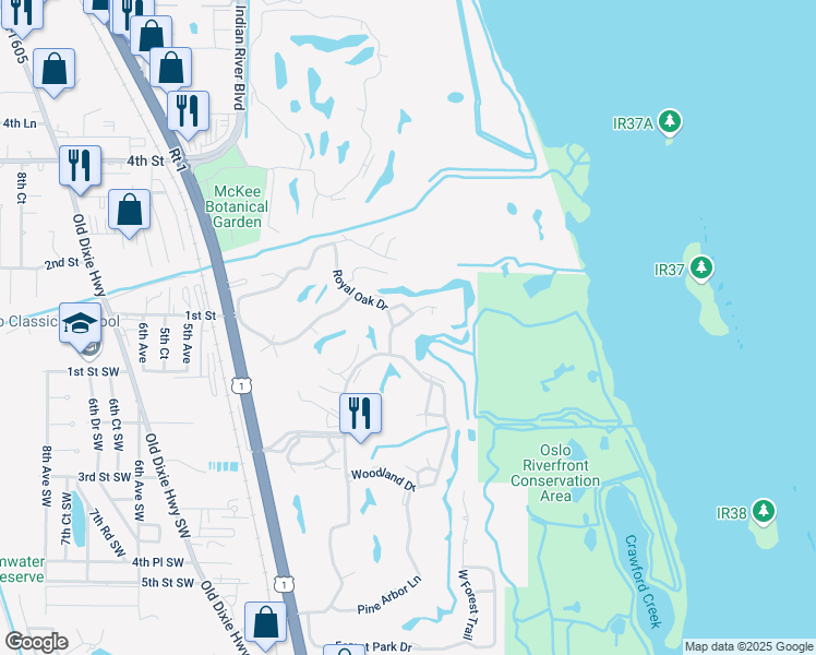 map of restaurants, bars, coffee shops, grocery stores, and more near 68 Royal Oak Court in Vero Beach