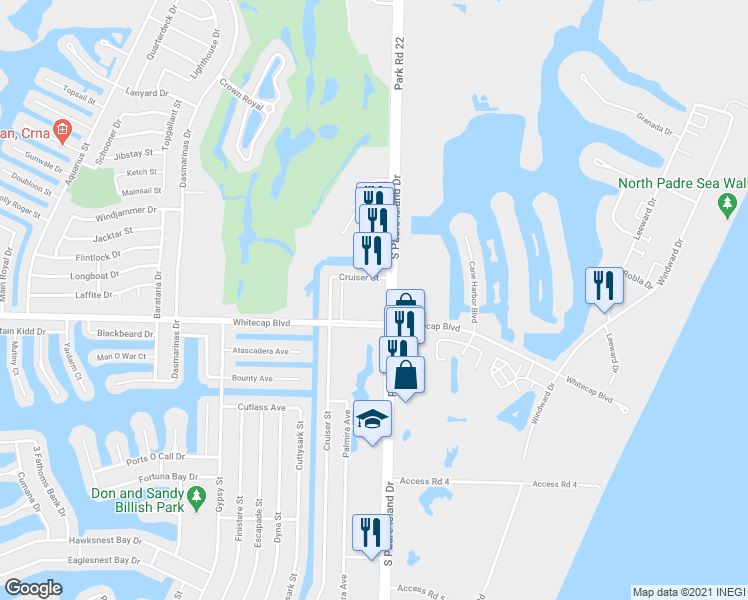 map of restaurants, bars, coffee shops, grocery stores, and more near 15217 Park Road 22 in Corpus Christi