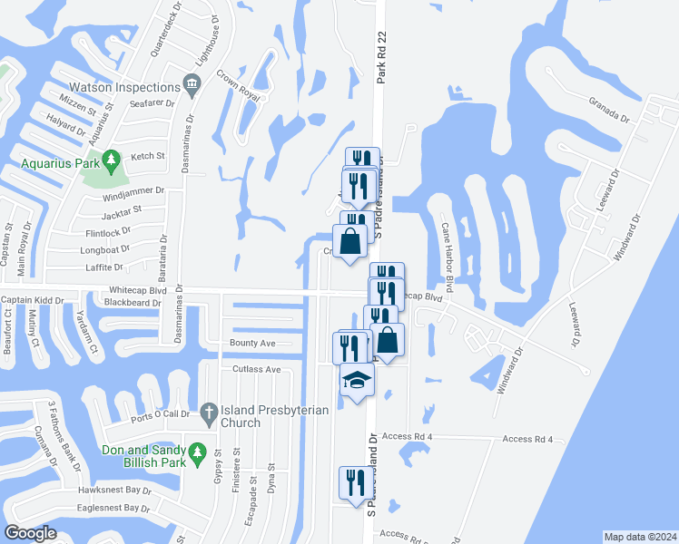 map of restaurants, bars, coffee shops, grocery stores, and more near 15217 South Padre Island Drive in Corpus Christi