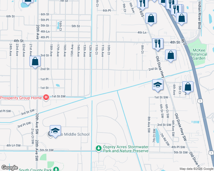 map of restaurants, bars, coffee shops, grocery stores, and more near 121 10th Court in Vero Beach