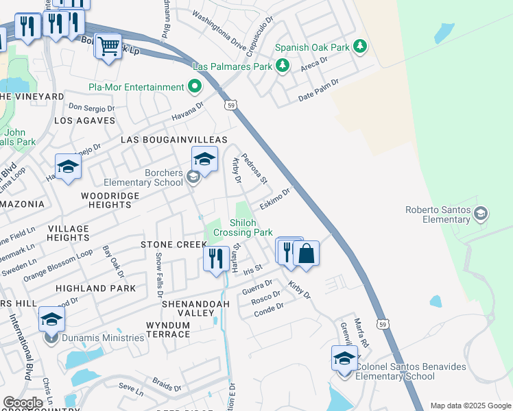 map of restaurants, bars, coffee shops, grocery stores, and more near 3203 Munoz Street in Laredo
