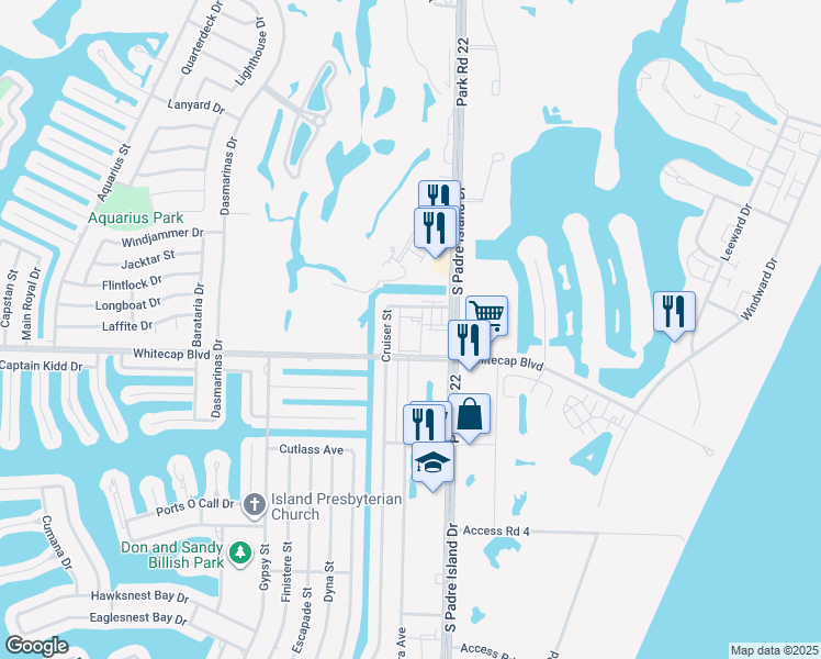 map of restaurants, bars, coffee shops, grocery stores, and more near 15217 South Padre Island Drive in Corpus Christi