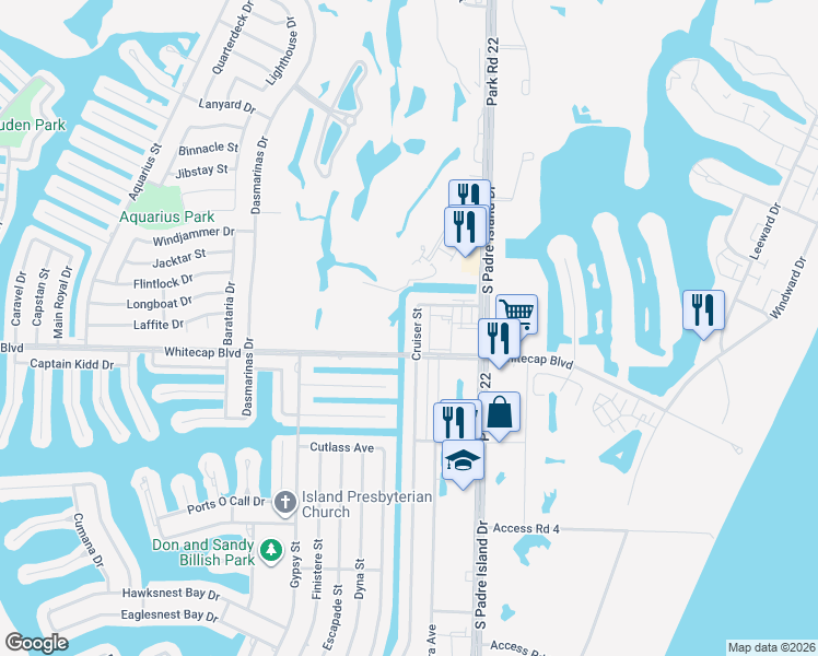 map of restaurants, bars, coffee shops, grocery stores, and more near 15217 Cruiser Street in Corpus Christi