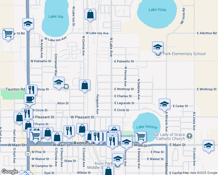 map of restaurants, bars, coffee shops, grocery stores, and more near 2 Lawhon Street in Avon Park
