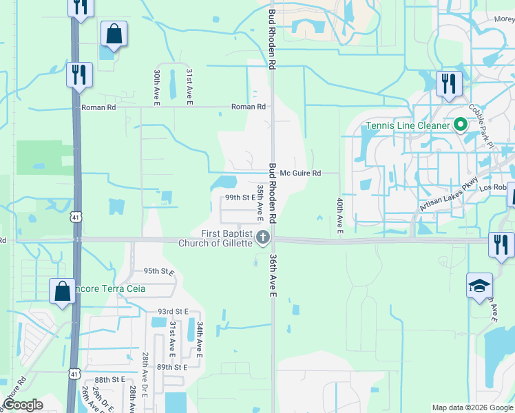 map of restaurants, bars, coffee shops, grocery stores, and more near 3428 98th Street East in Palmetto
