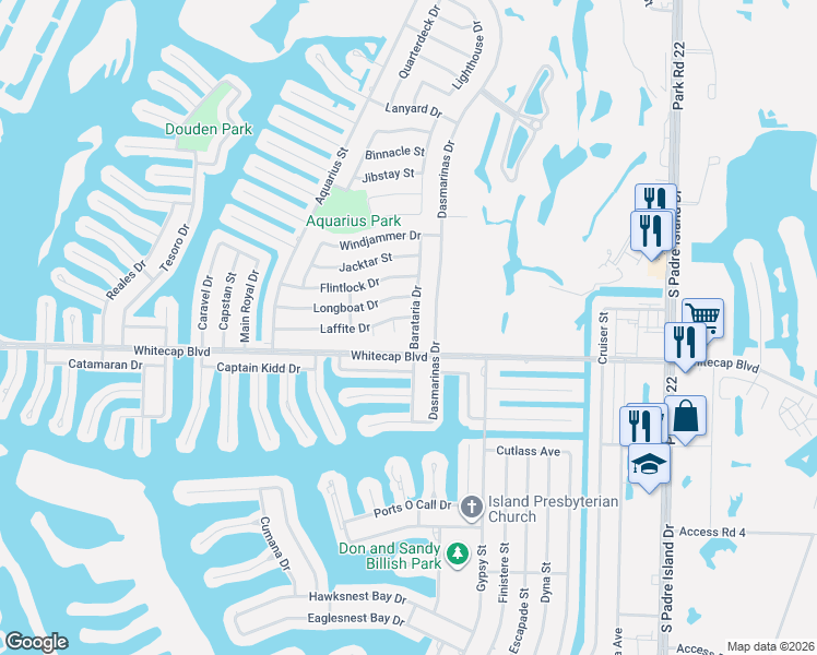 map of restaurants, bars, coffee shops, grocery stores, and more near 15214 Laffite Circle in Corpus Christi