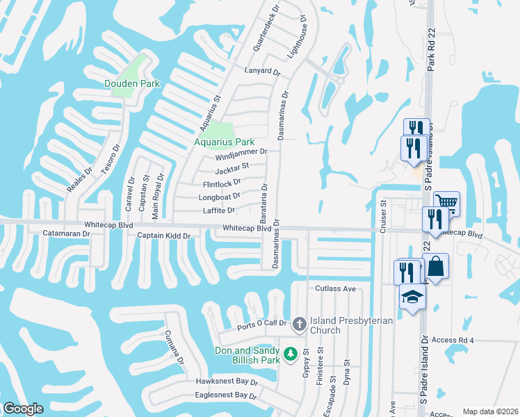 map of restaurants, bars, coffee shops, grocery stores, and more near 15214 Laffite Circle in Corpus Christi