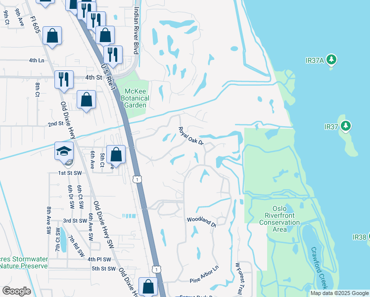 map of restaurants, bars, coffee shops, grocery stores, and more near 81 Crooked Tree Lane in Vero Beach