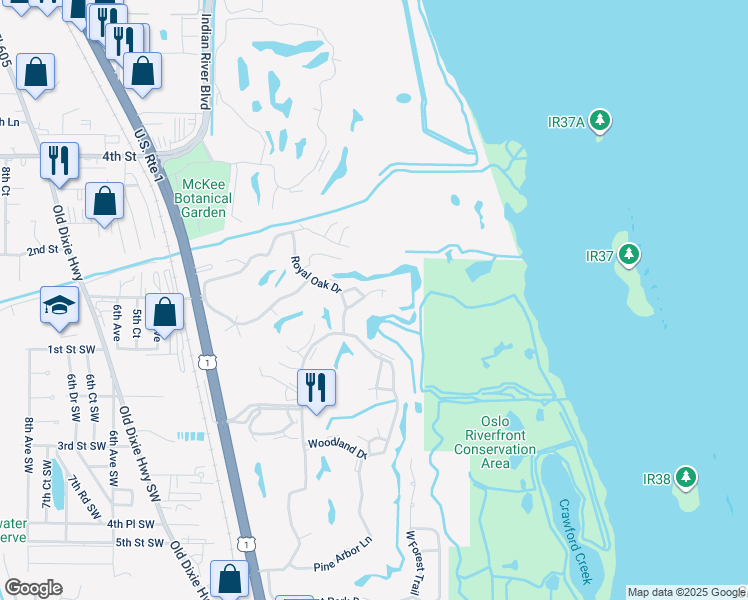 map of restaurants, bars, coffee shops, grocery stores, and more near 68 Royal Oak Court in Vero Beach