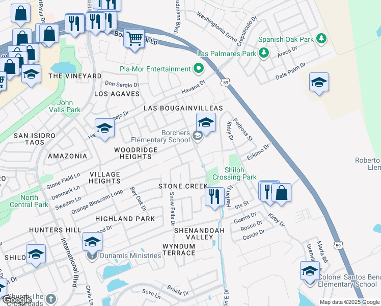 map of restaurants, bars, coffee shops, grocery stores, and more near 2011 Yukon Lane in Laredo