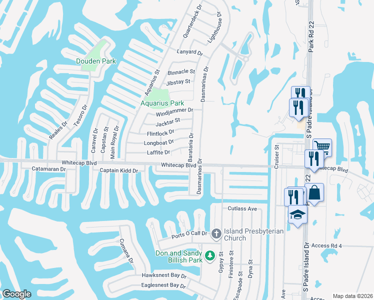 map of restaurants, bars, coffee shops, grocery stores, and more near 15214 Laffite Circle in Corpus Christi
