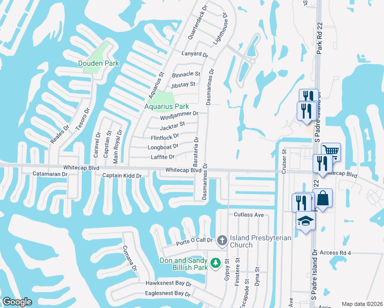 map of restaurants, bars, coffee shops, grocery stores, and more near 15214 Laffite Circle in Corpus Christi