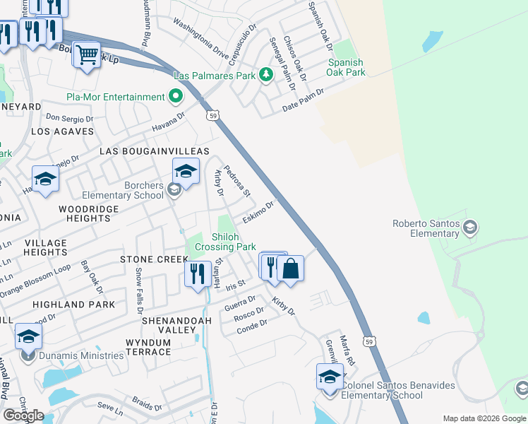 map of restaurants, bars, coffee shops, grocery stores, and more near 1218 Eskimo Drive in Laredo
