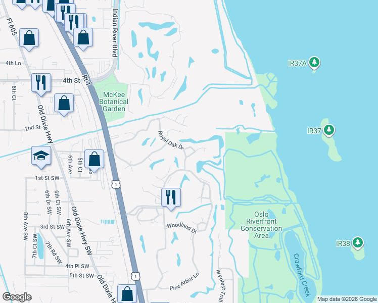 map of restaurants, bars, coffee shops, grocery stores, and more near 68 Royal Oak Court in Vero Beach