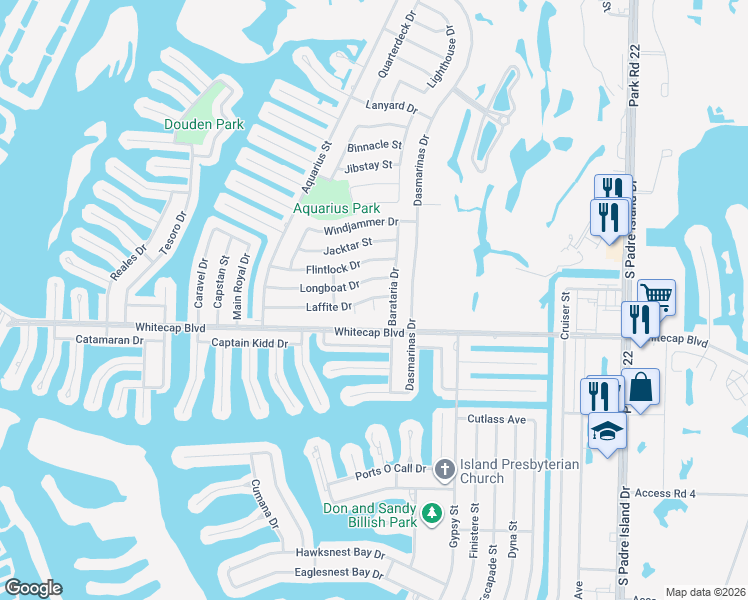 map of restaurants, bars, coffee shops, grocery stores, and more near 15214 Laffite Circle in Corpus Christi