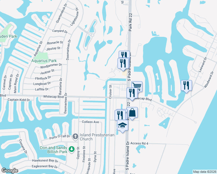 map of restaurants, bars, coffee shops, grocery stores, and more near 15217 Cruiser Street in Corpus Christi
