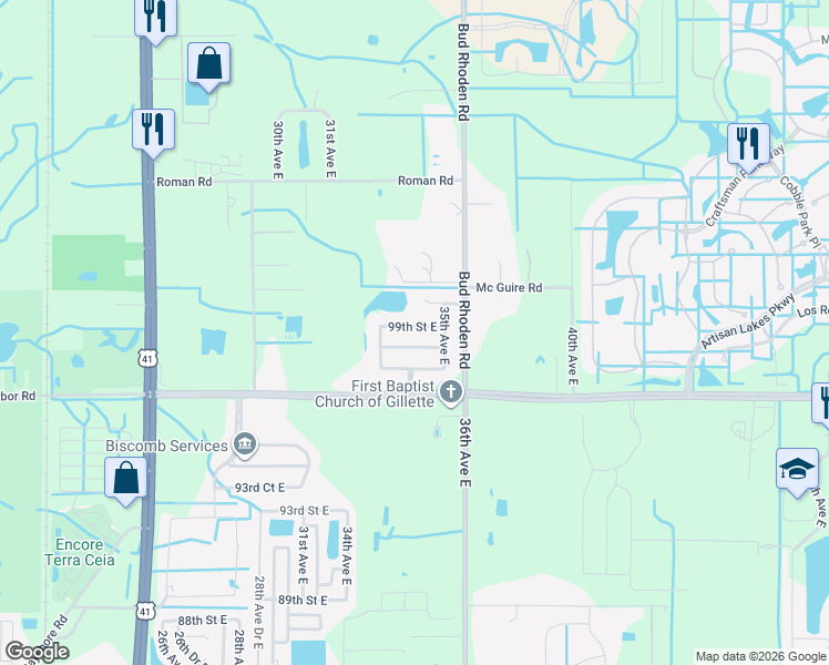 map of restaurants, bars, coffee shops, grocery stores, and more near 3401 99th Street East in Palmetto