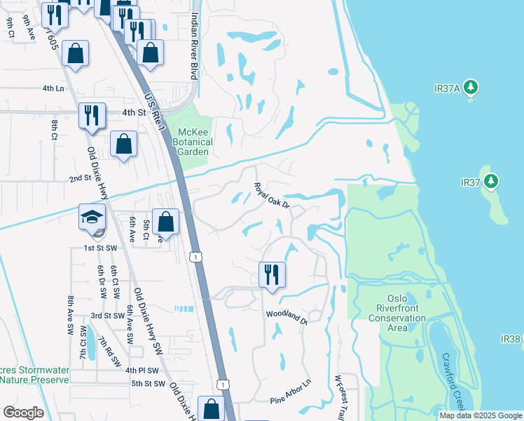 map of restaurants, bars, coffee shops, grocery stores, and more near 81 Crooked Tree Lane in Vero Beach