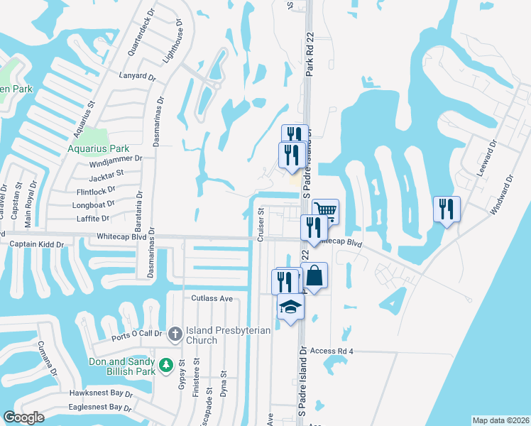map of restaurants, bars, coffee shops, grocery stores, and more near 15217 South Padre Island Drive in Corpus Christi