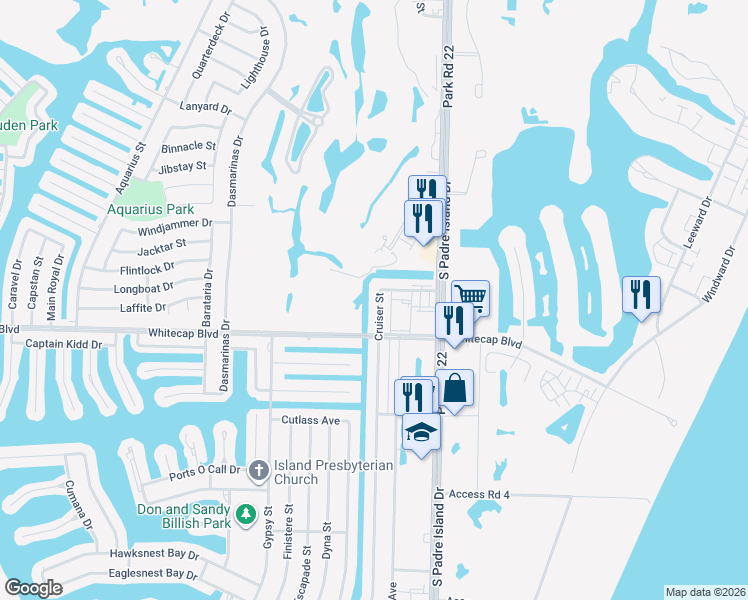 map of restaurants, bars, coffee shops, grocery stores, and more near 15217 Cruiser Street in Corpus Christi
