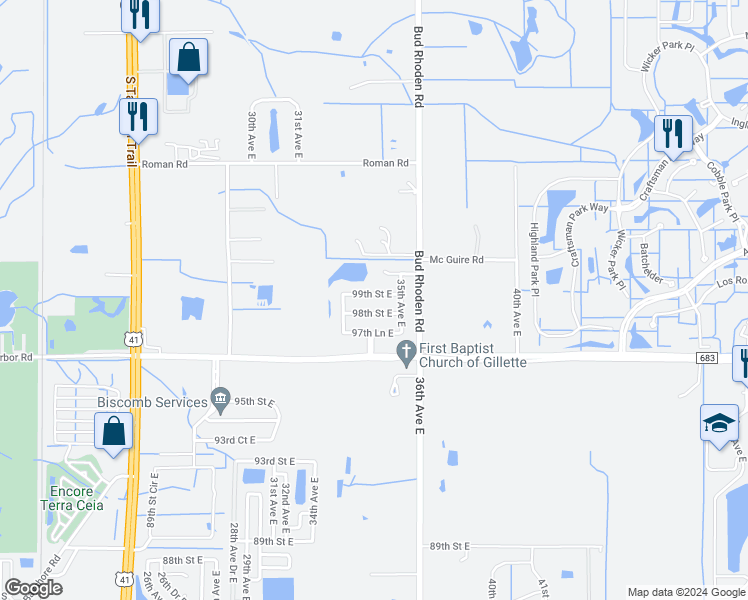 map of restaurants, bars, coffee shops, grocery stores, and more near 3401 99th Street East in Palmetto